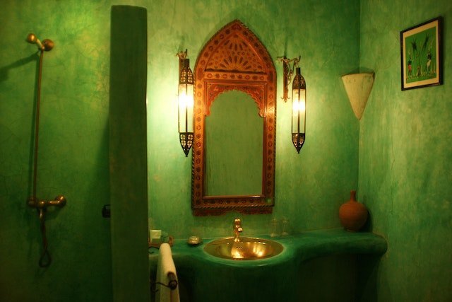 A mirror on a green wall