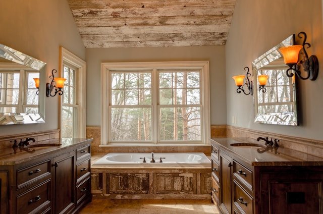 Bathroom with wooden furniture and lamps