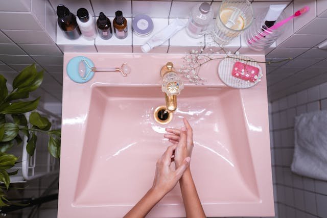 pink bathroom sink with hands applying lotion or sanitizer under a gold faucet
